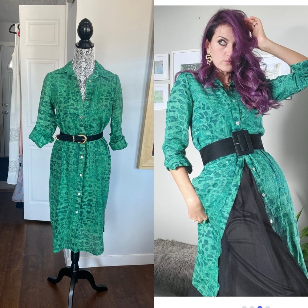 💯 Linen Made in Italy Designer Allegra Masetti Print Shirt Dress. Small.